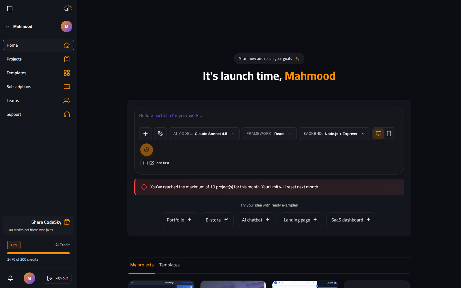The CodeSky dashboard new-project box