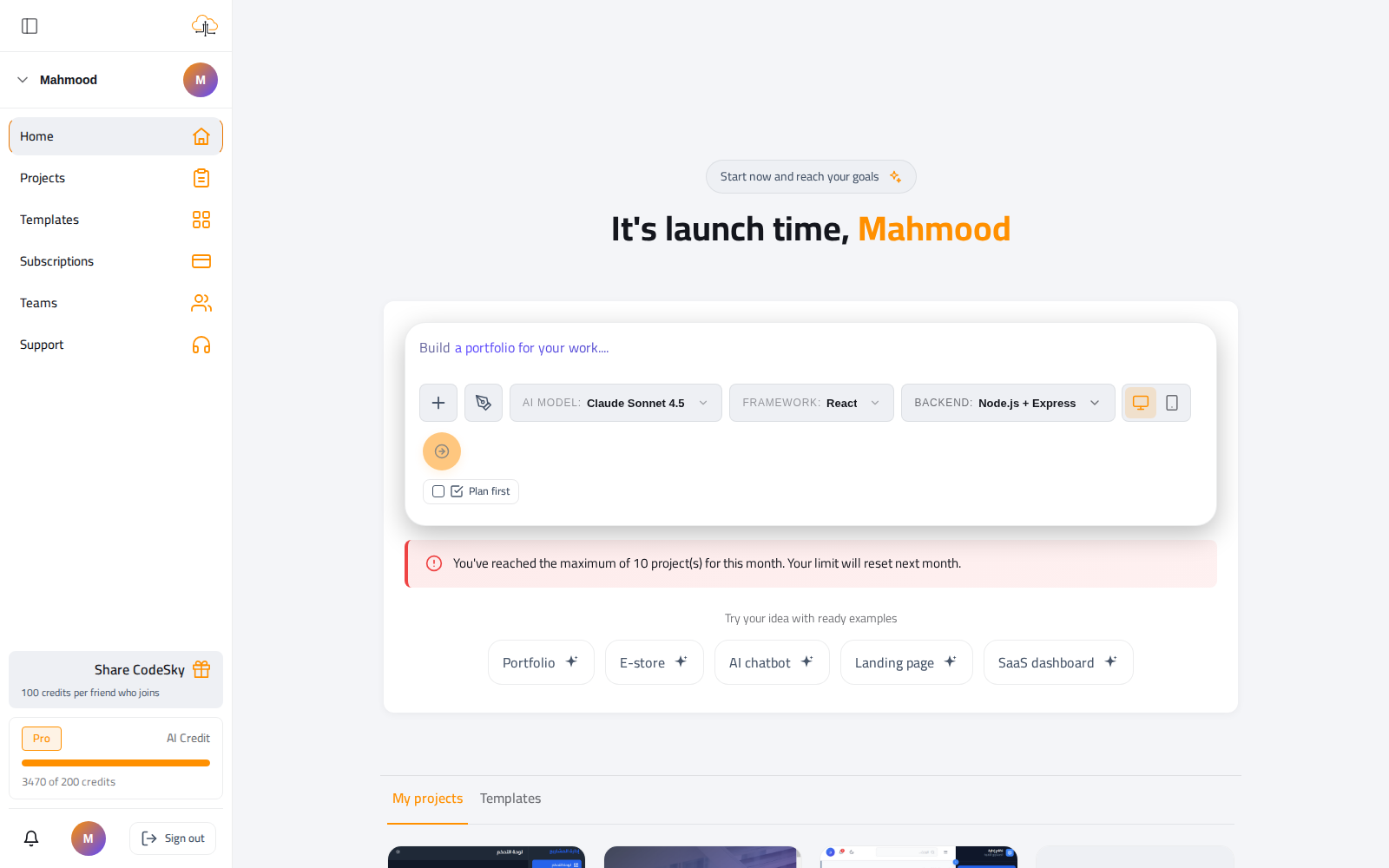 The CodeSky dashboard new-project box