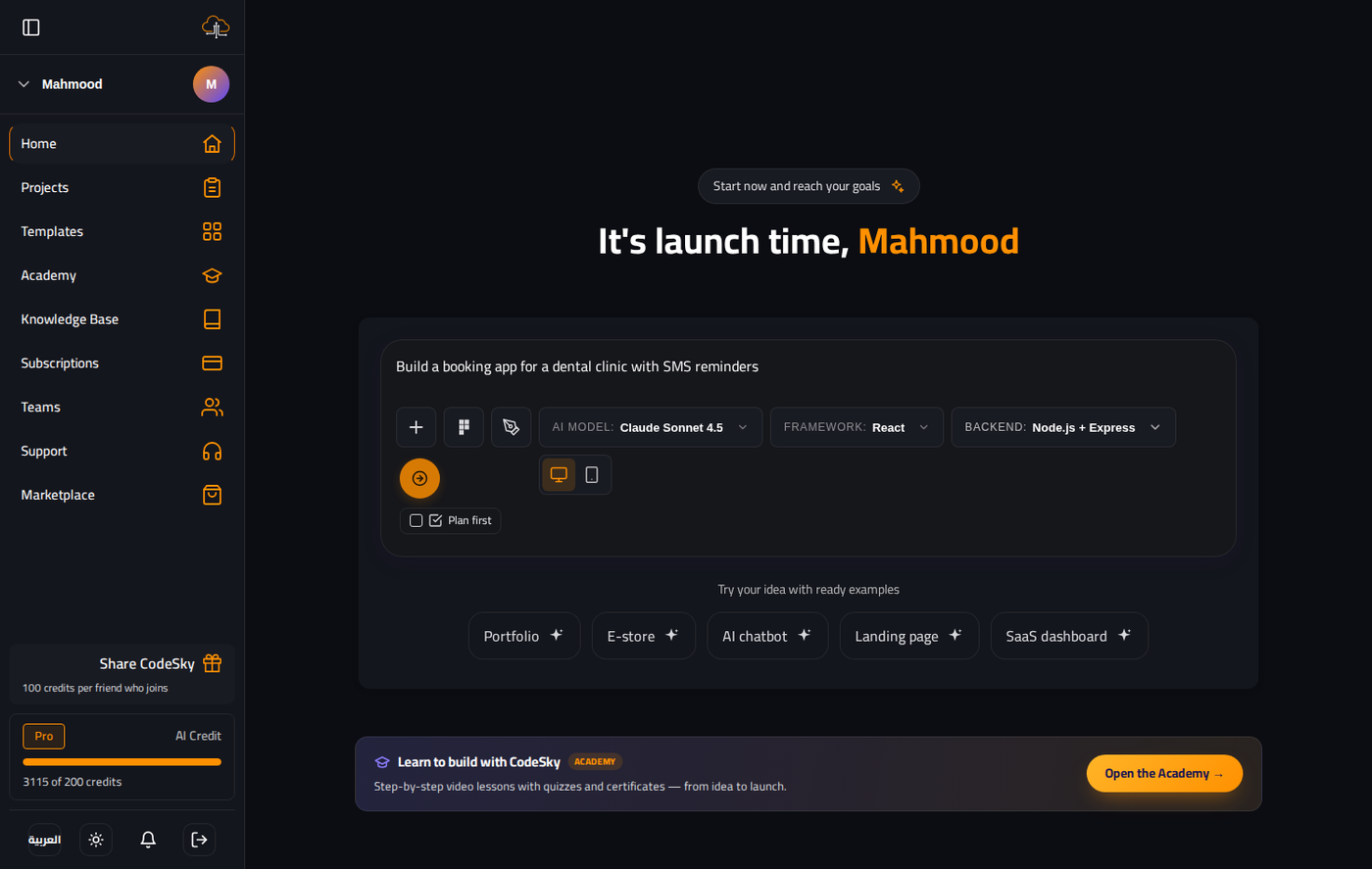 Describe the app, pick a model and a stack, then build.