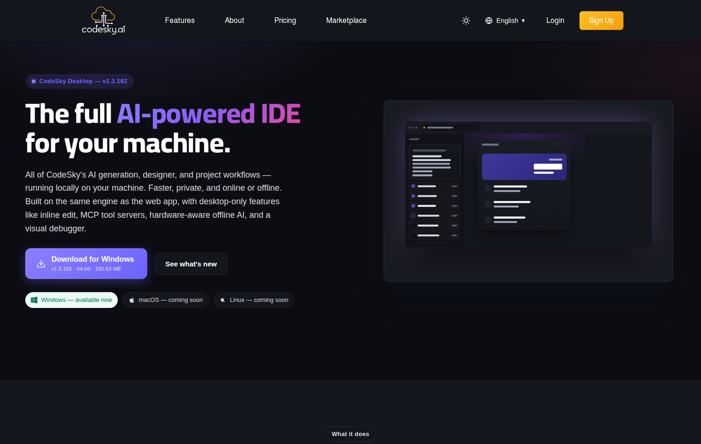 The CodeSky desktop download page.