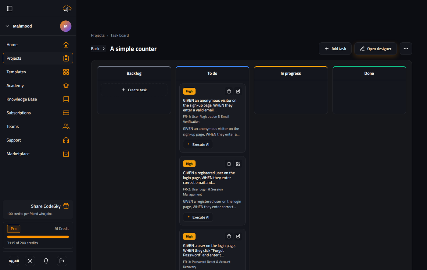 The task board: backlog, to do, in progress and done.