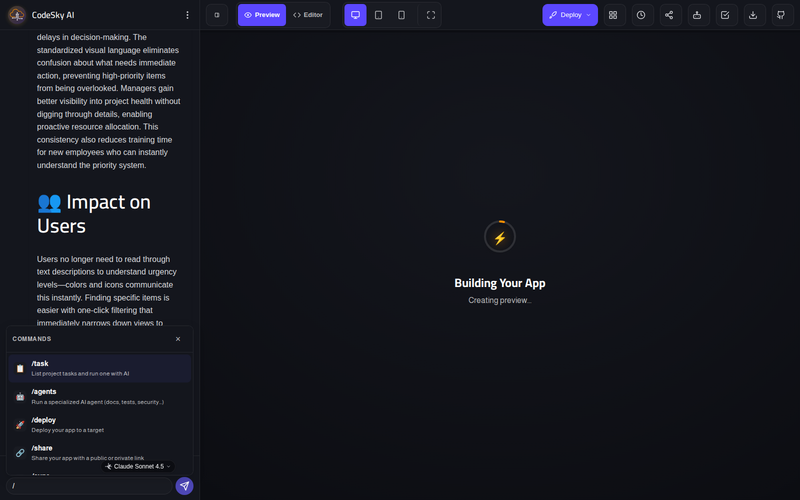 The slash-command menu in the designer chat
