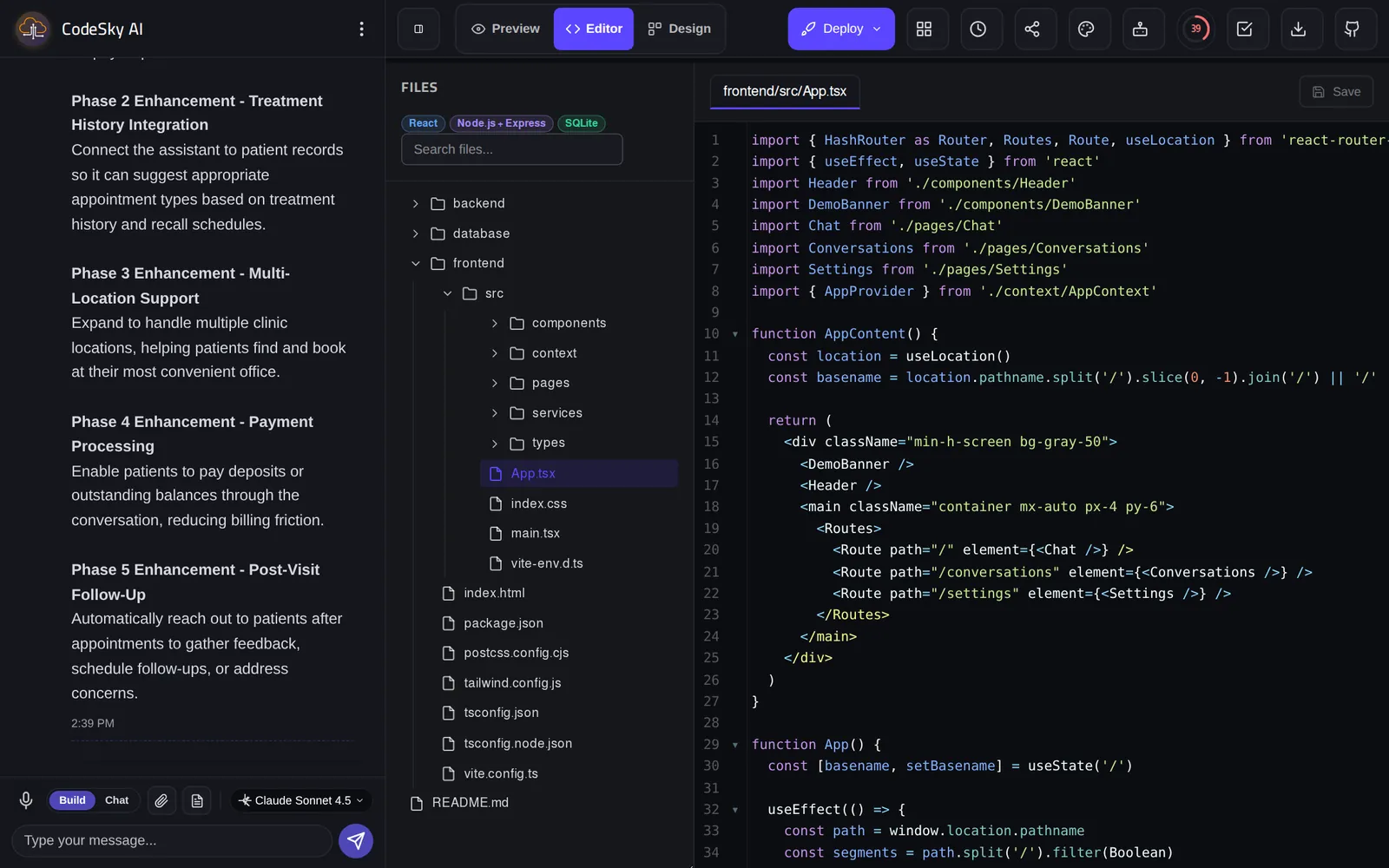Real code, yours — Every file is there to read and edit — frontend, backend and database — and syncs to GitHub.
