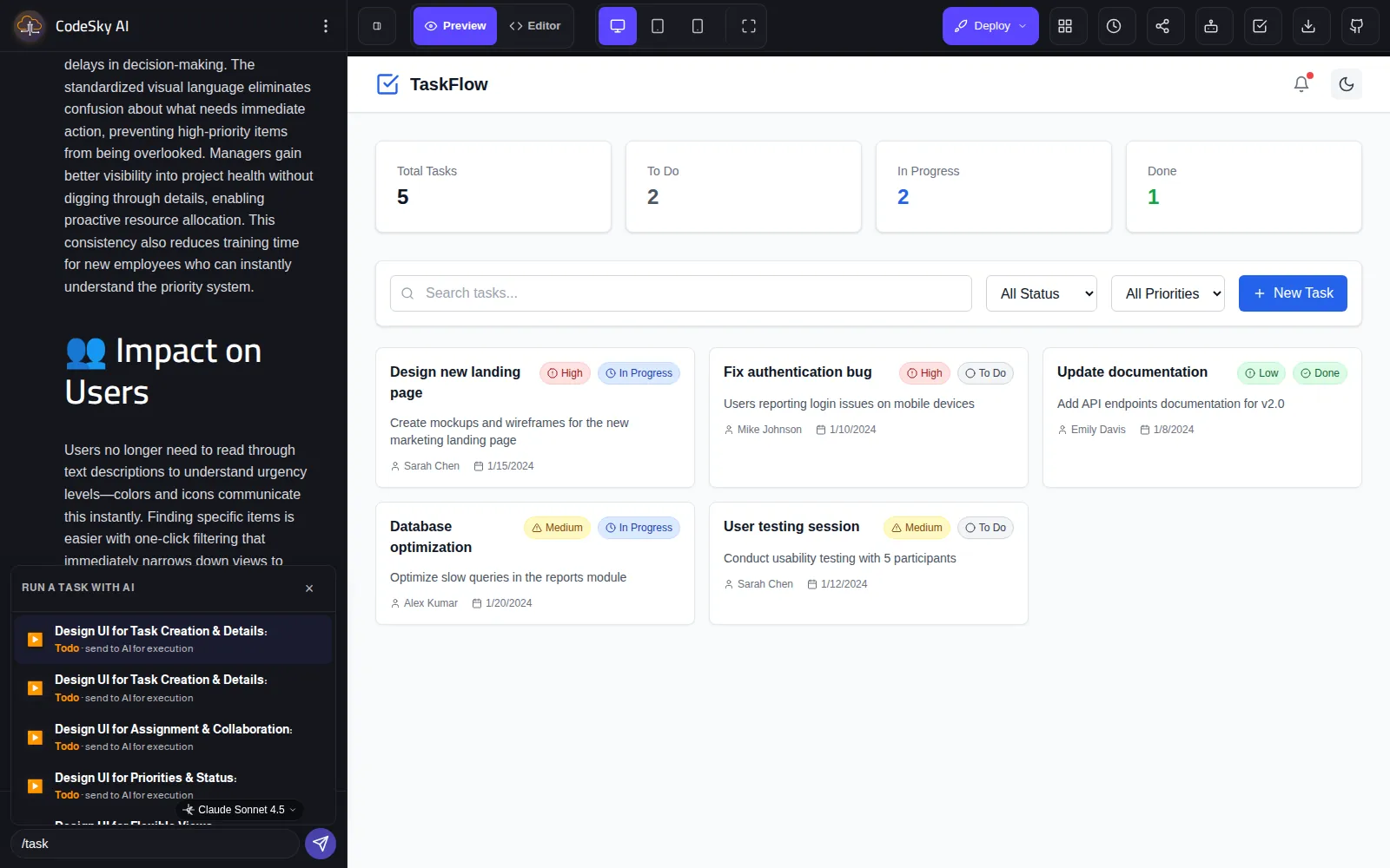 Watch it run — The AI writes the project and starts a live preview. Type /task to hand board tasks to it.